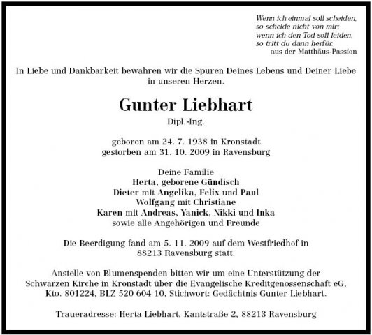 Liebhart Gunter 1938-2009 Todesanzeige